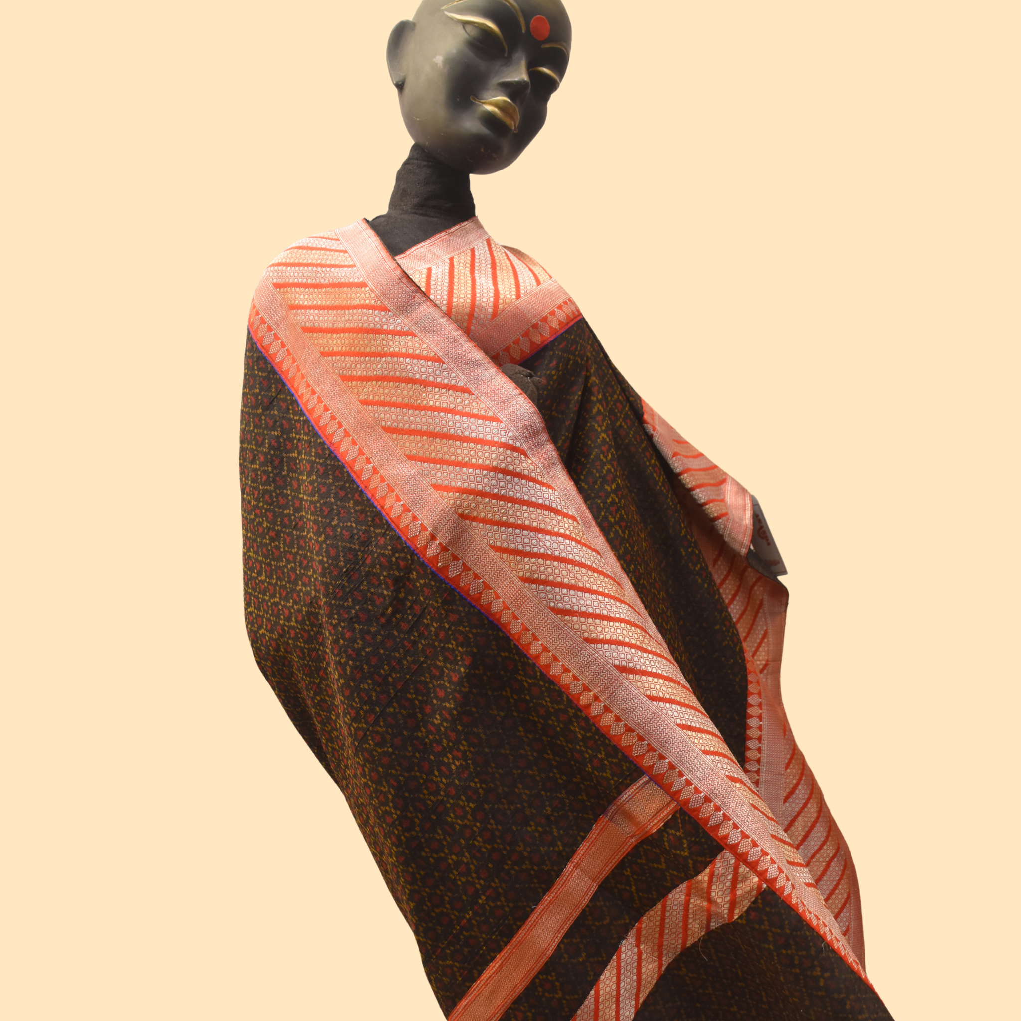 Black Raw Silk Ikkat Saree with Benarasi Border