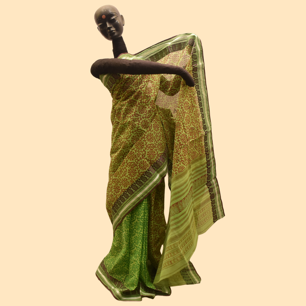 Green and Brown Floral Printed Dhaniakhali