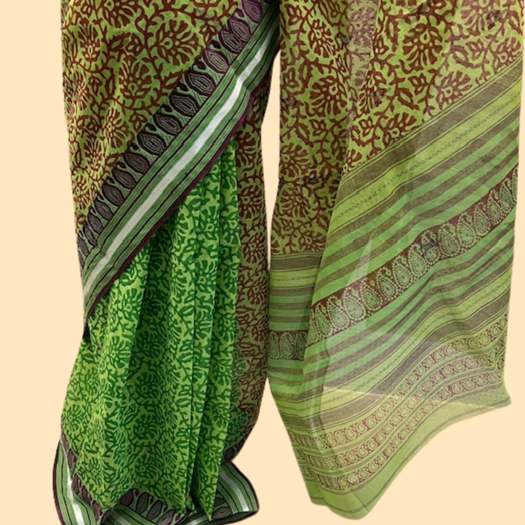 Green and Brown Floral Printed Dhaniakhali