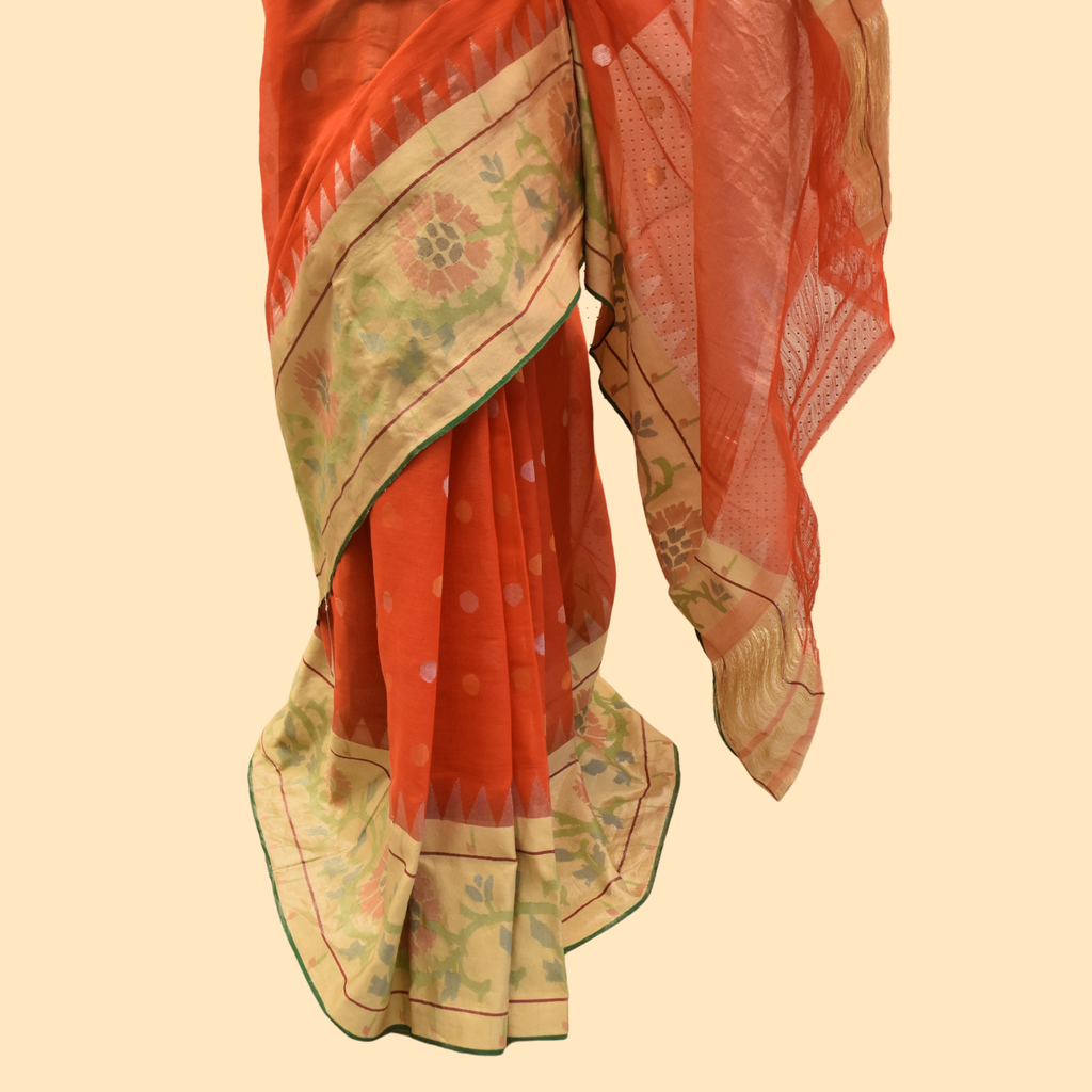 Red Khadi Saree with Paithani-style Tissue Border and Pallu