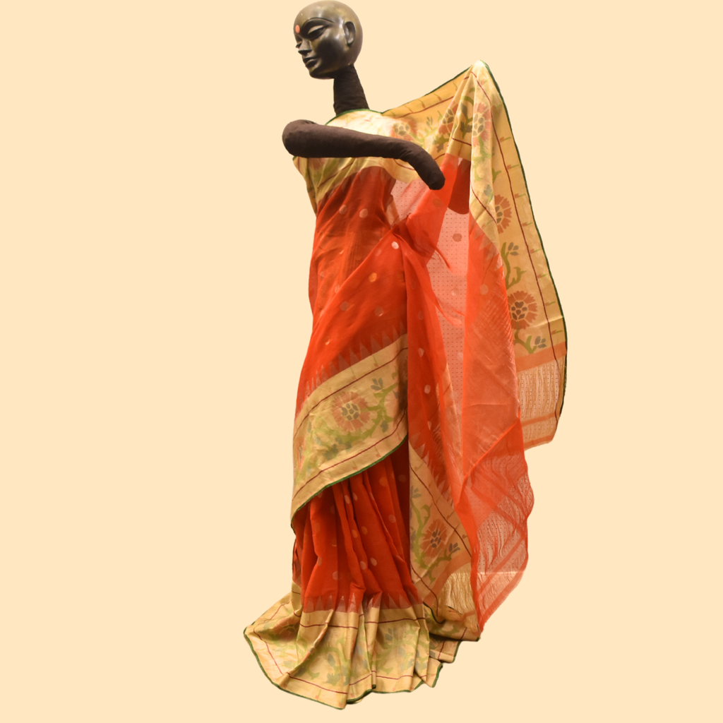 Red Khadi Saree with Paithani-style Tissue Border and Pallu