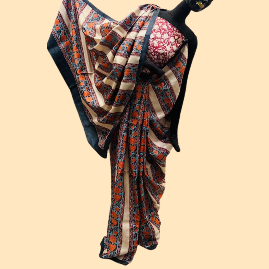 Printed Tussar Saree with Rose Panel Design