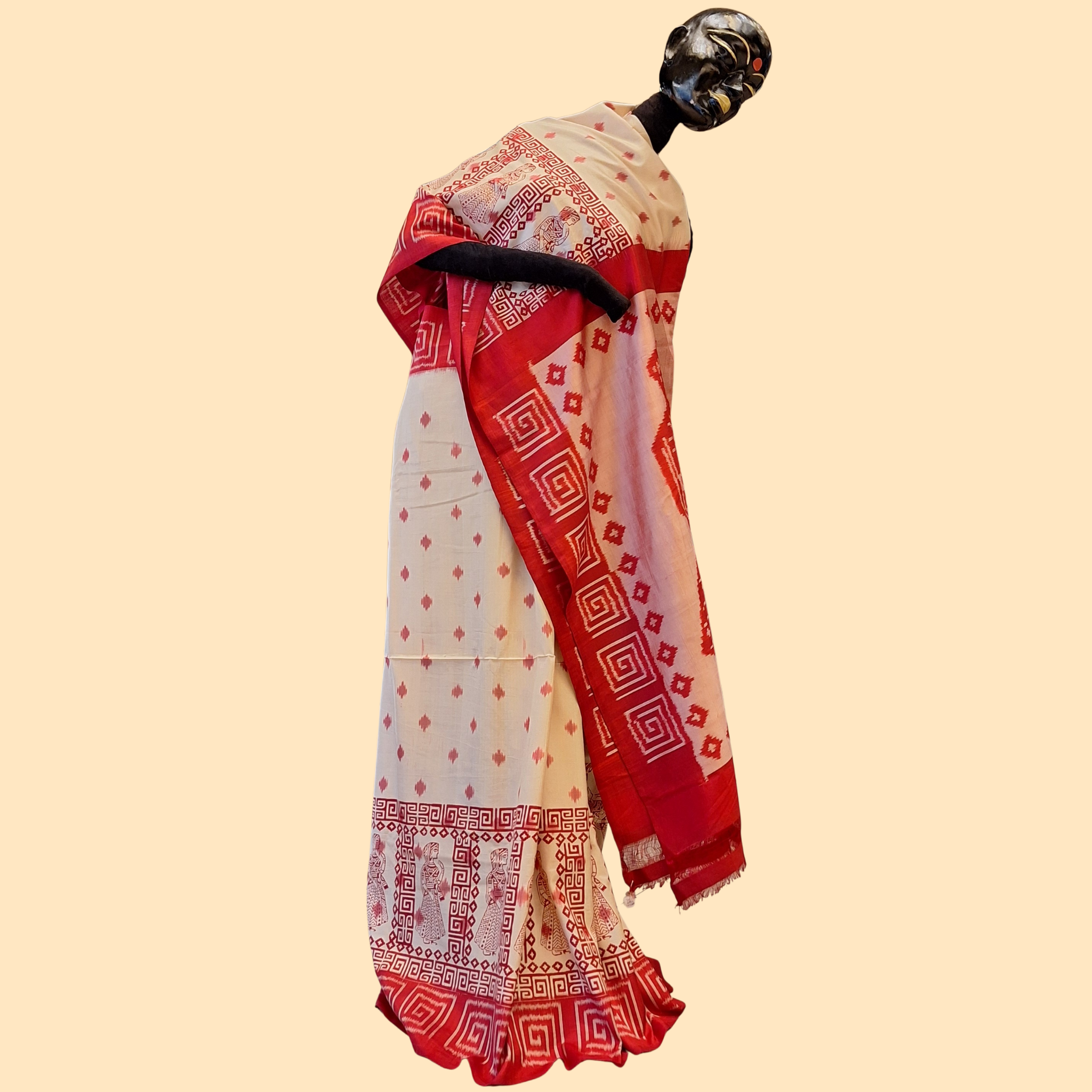 Red and White Ikkat Silk Saree
