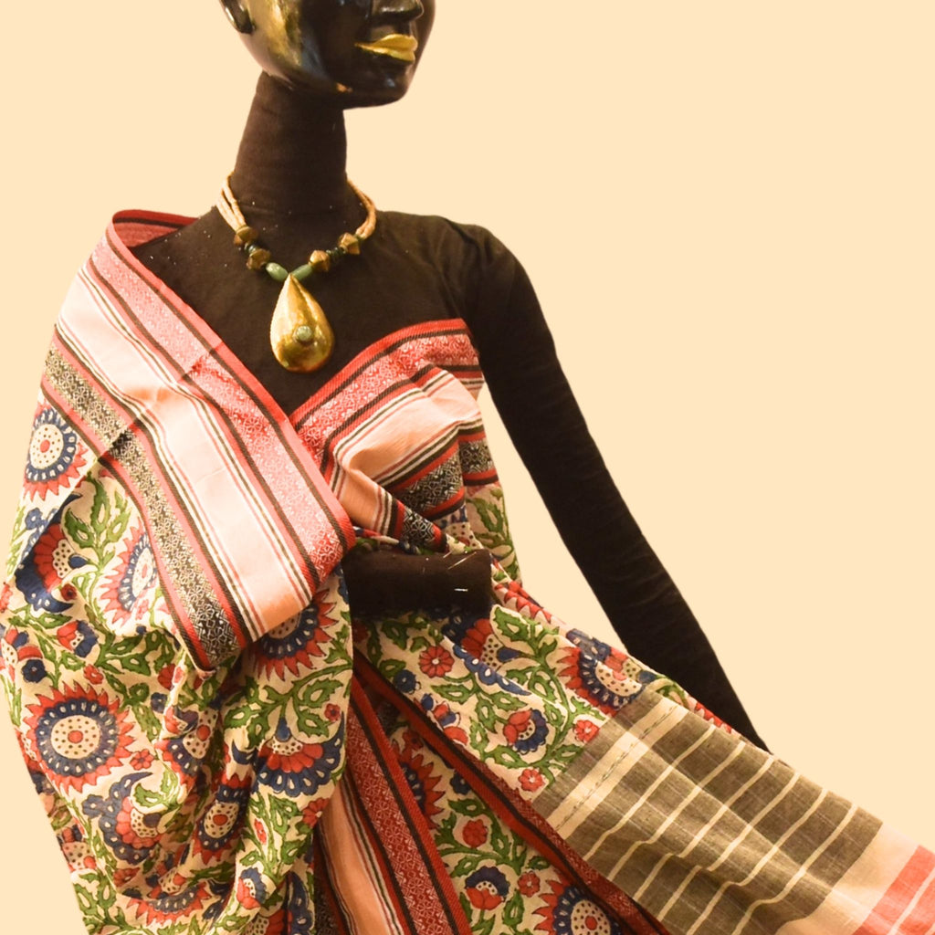 Floral Printed Dhaniakhali Bengali Cotton Saree