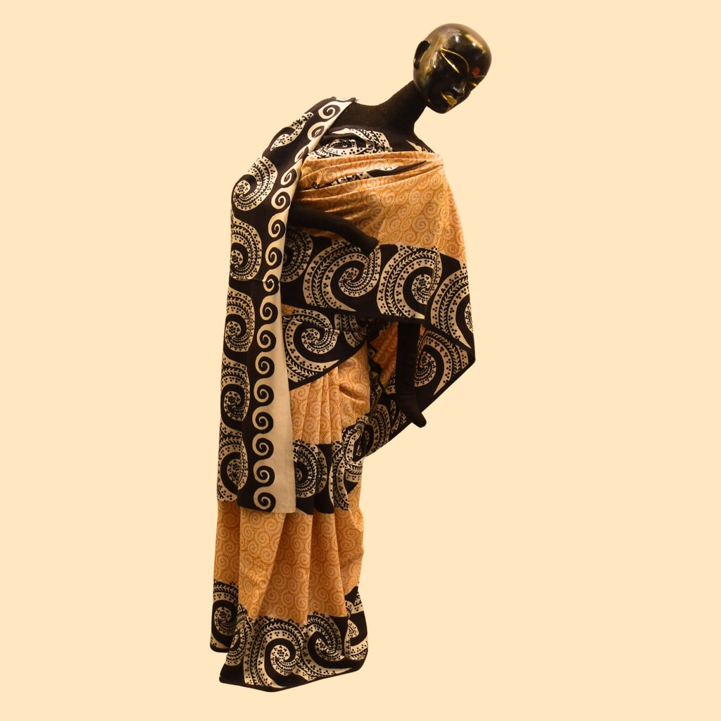 Mustard and Black Printed Silk Saree