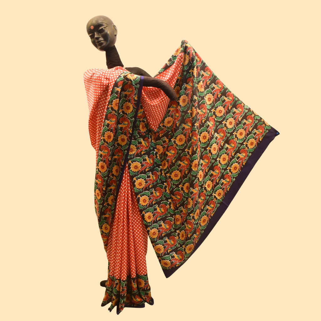 Red Printed Silk Saree with Parrot Border