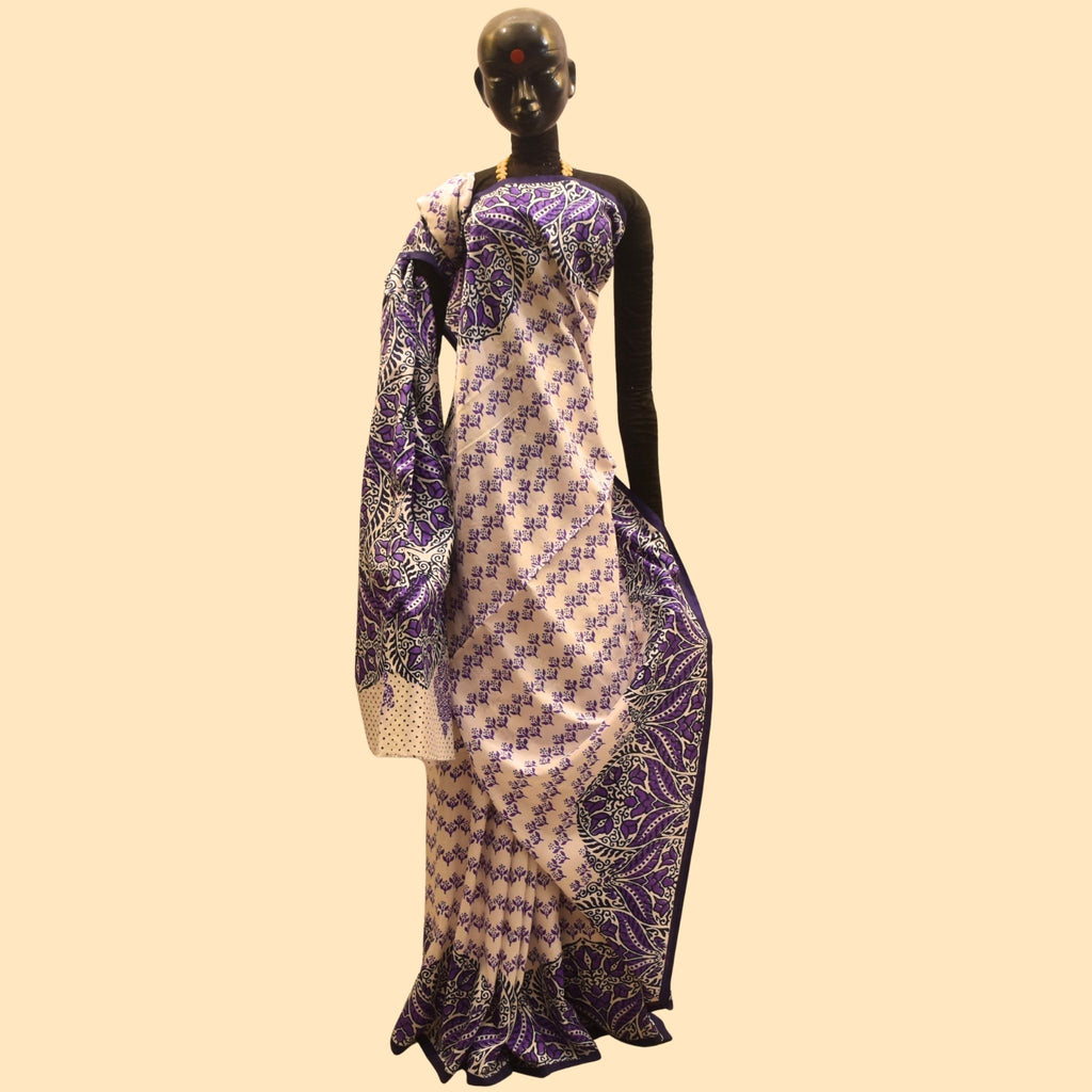 Purple Alpana Design Printed Silk Saree