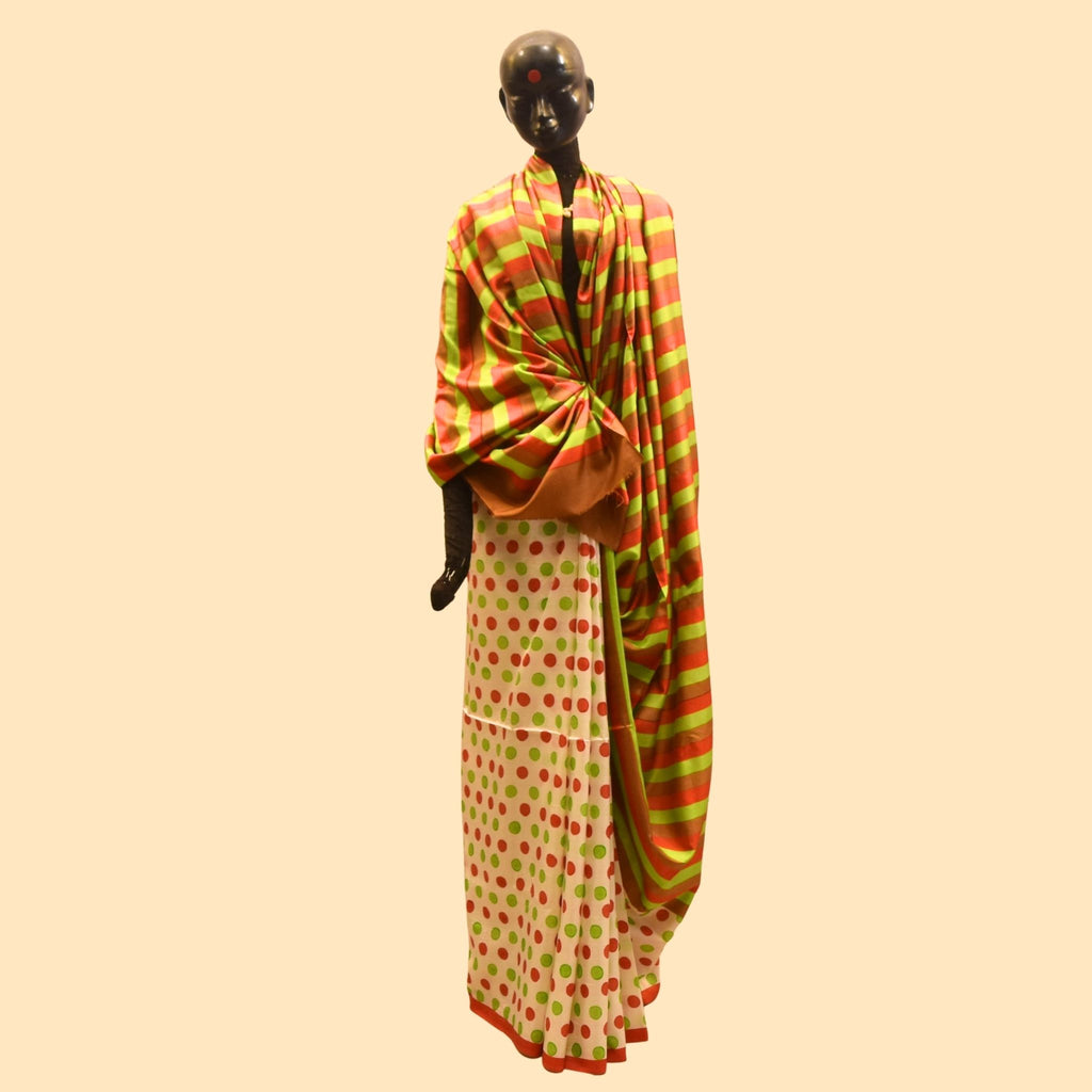 Green and Red Striped Printed Silk