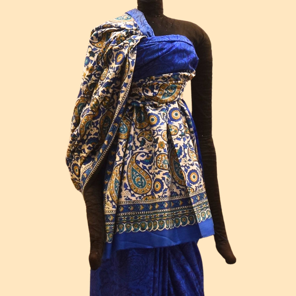 Blue Printed Silk Saree with Paisleys