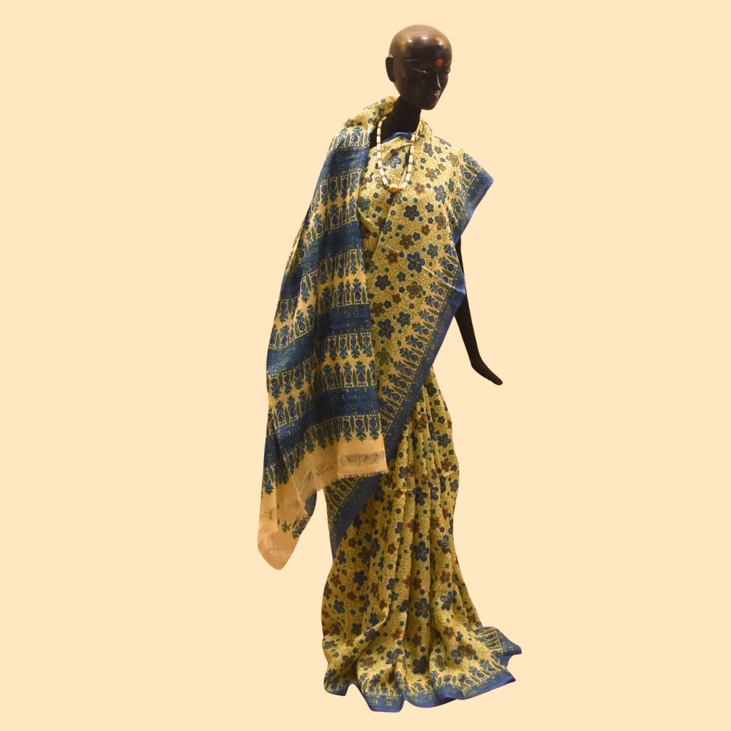 Blue Printed Tussar Saree with Jaal Design