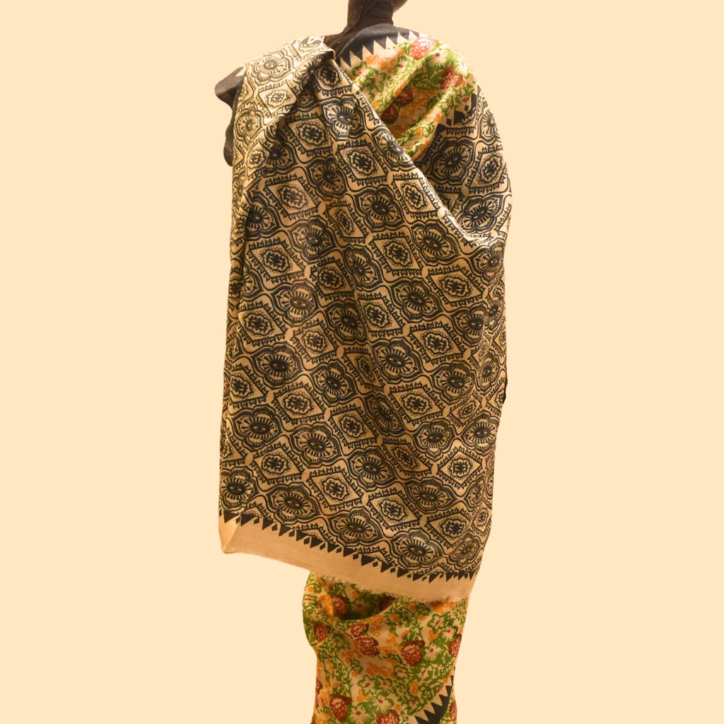 Floral Printed Tussar with Black Border