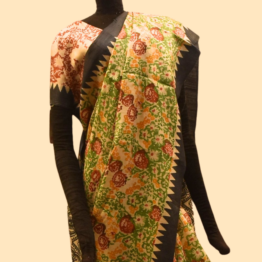 Floral Printed Tussar with Black Border